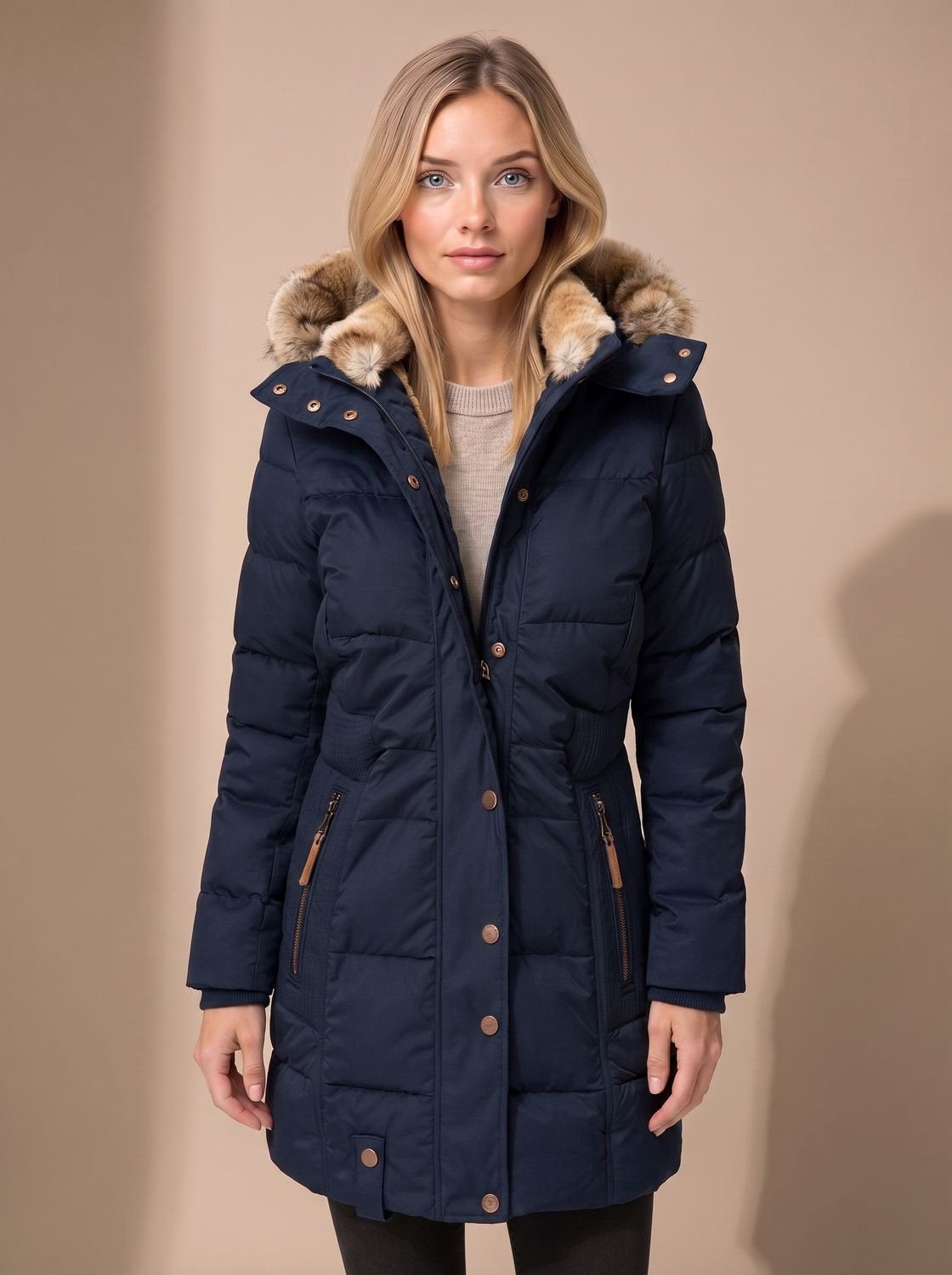 Women's Faux Fur-Trimmed Quilted Hooded Puffer Coat in Blue - view 3