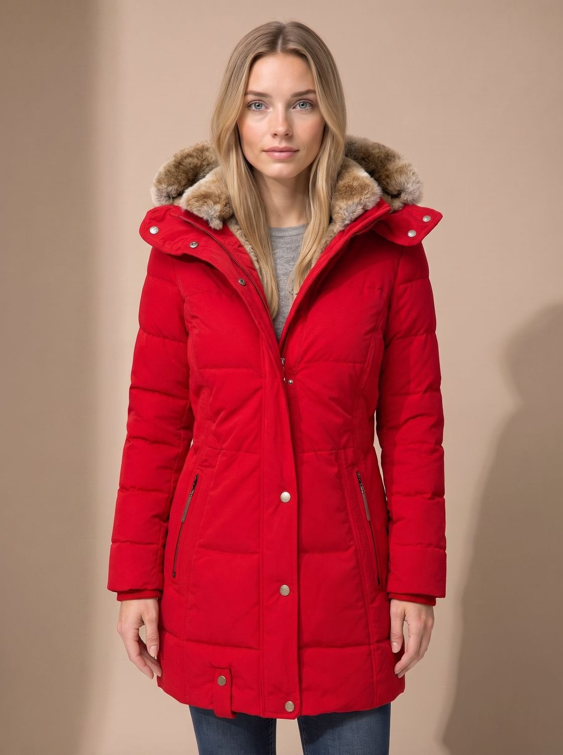 Women's Faux Fur-Trimmed Quilted Hooded Puffer Coat in Red - view 4