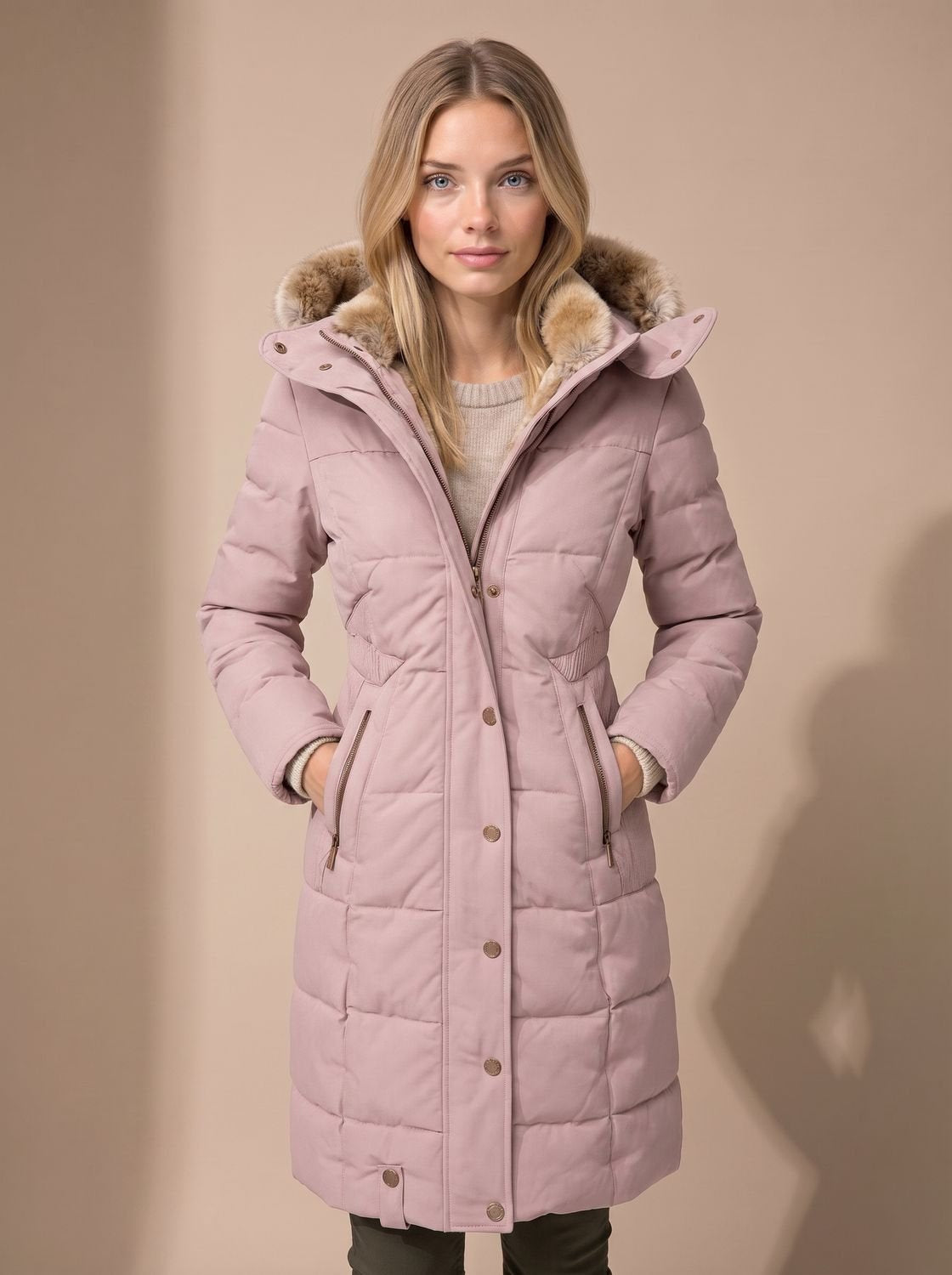 Women's Faux Fur-Trimmed Quilted Hooded Puffer Coat in Pink - view 5