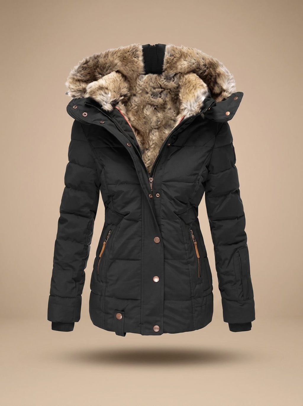 Women's Faux Fur-Trimmed Quilted Hooded Puffer Coat in Black - view 6