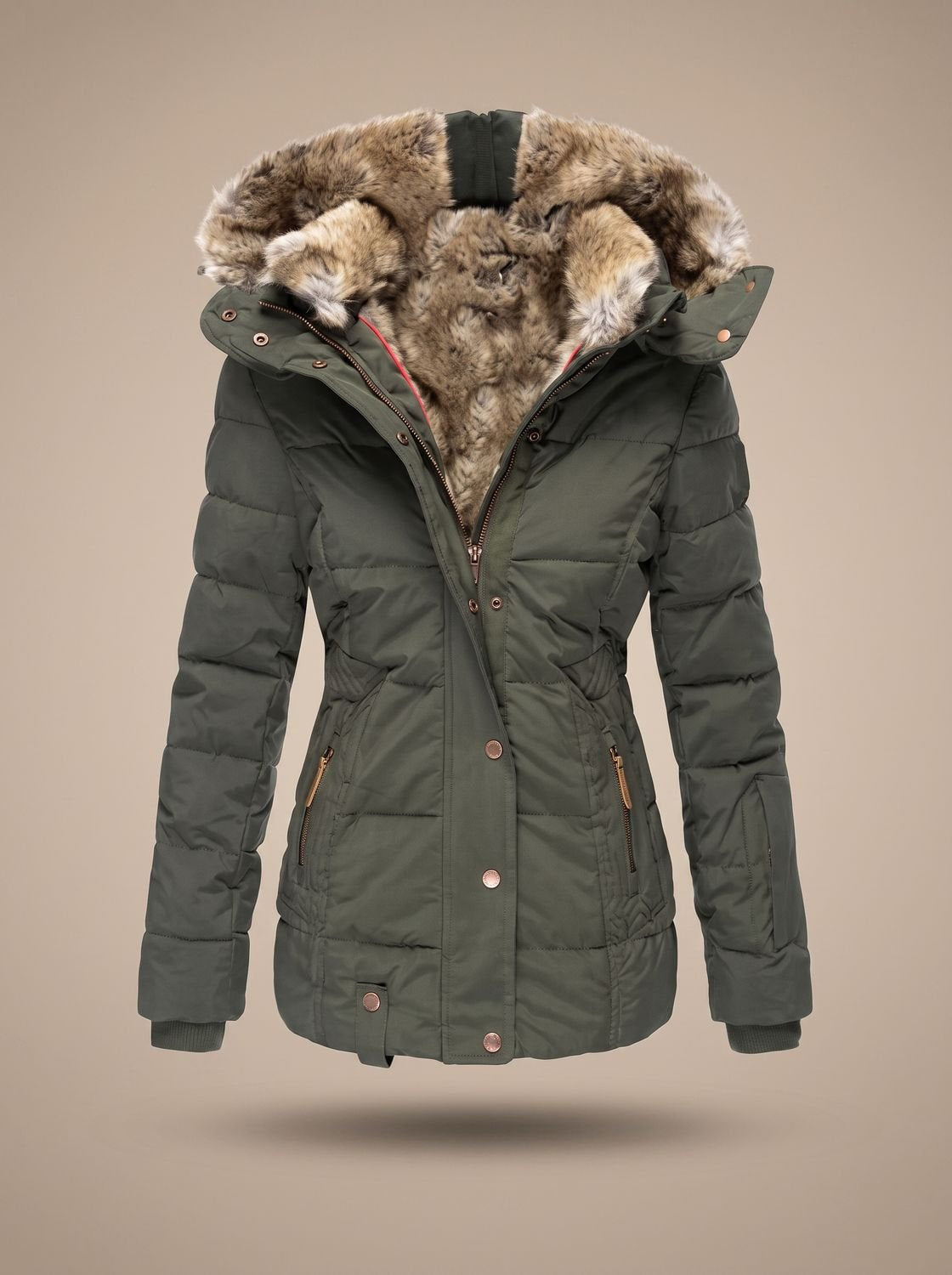 Women's Faux Fur-Trimmed Quilted Hooded Puffer Coat in Green - view 7
