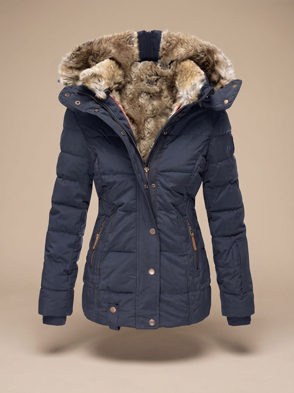 Women's Faux Fur-Trimmed Quilted Hooded Puffer Coat in Blue - view 8