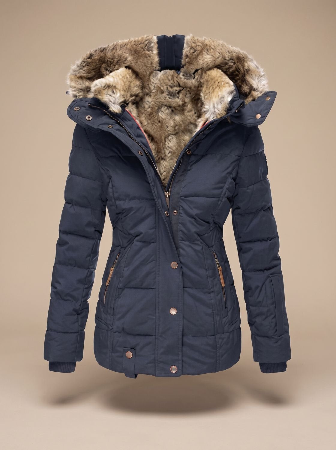 Women's Faux Fur-Trimmed Quilted Hooded Puffer Coat in Blue - view 8