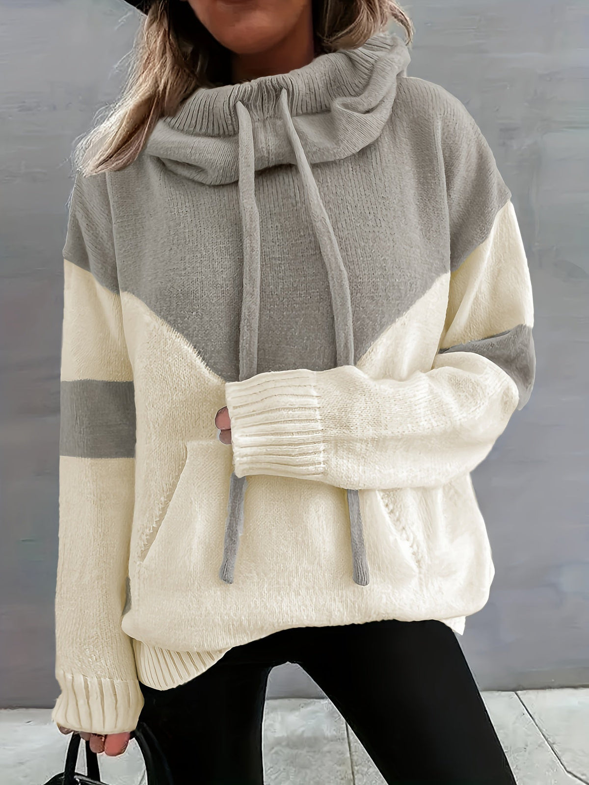 Women's Colorblock Drawstring Hoodie Sweater in Gray - view 1