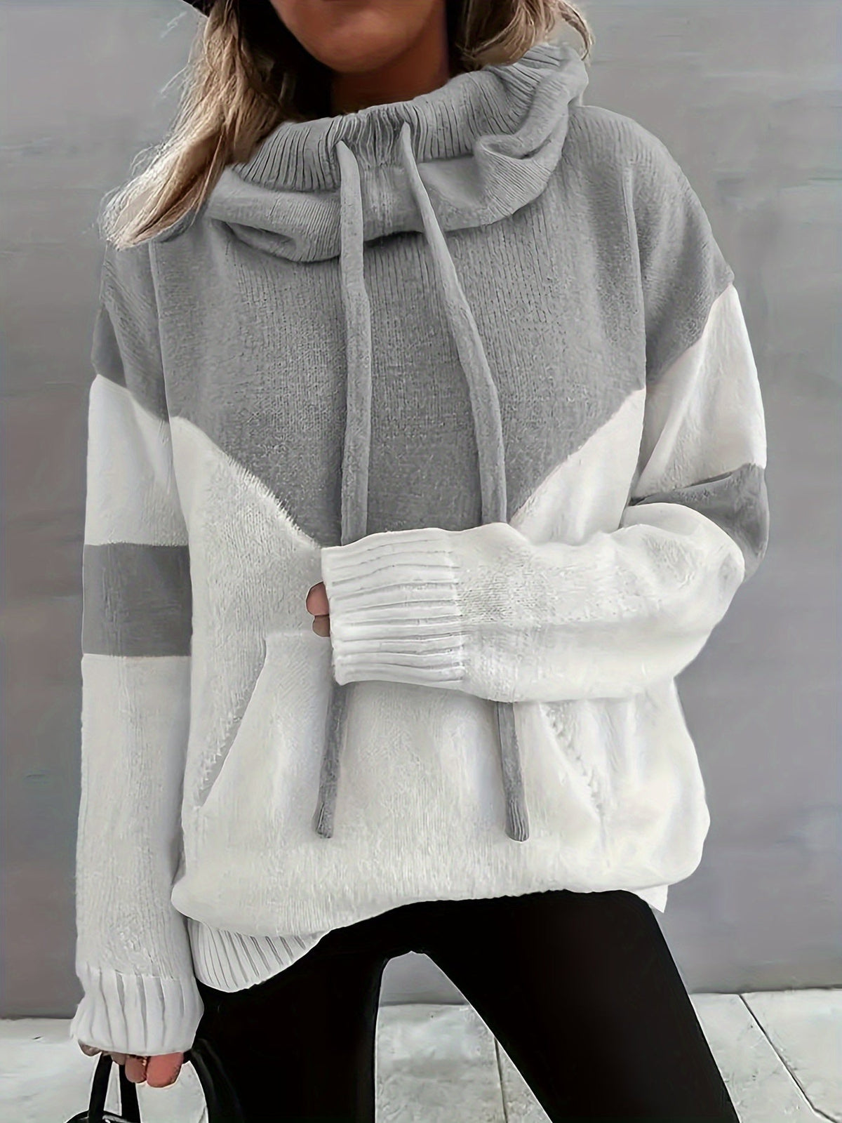 Women's Colorblock Drawstring Hoodie Sweater in Gray - view 2