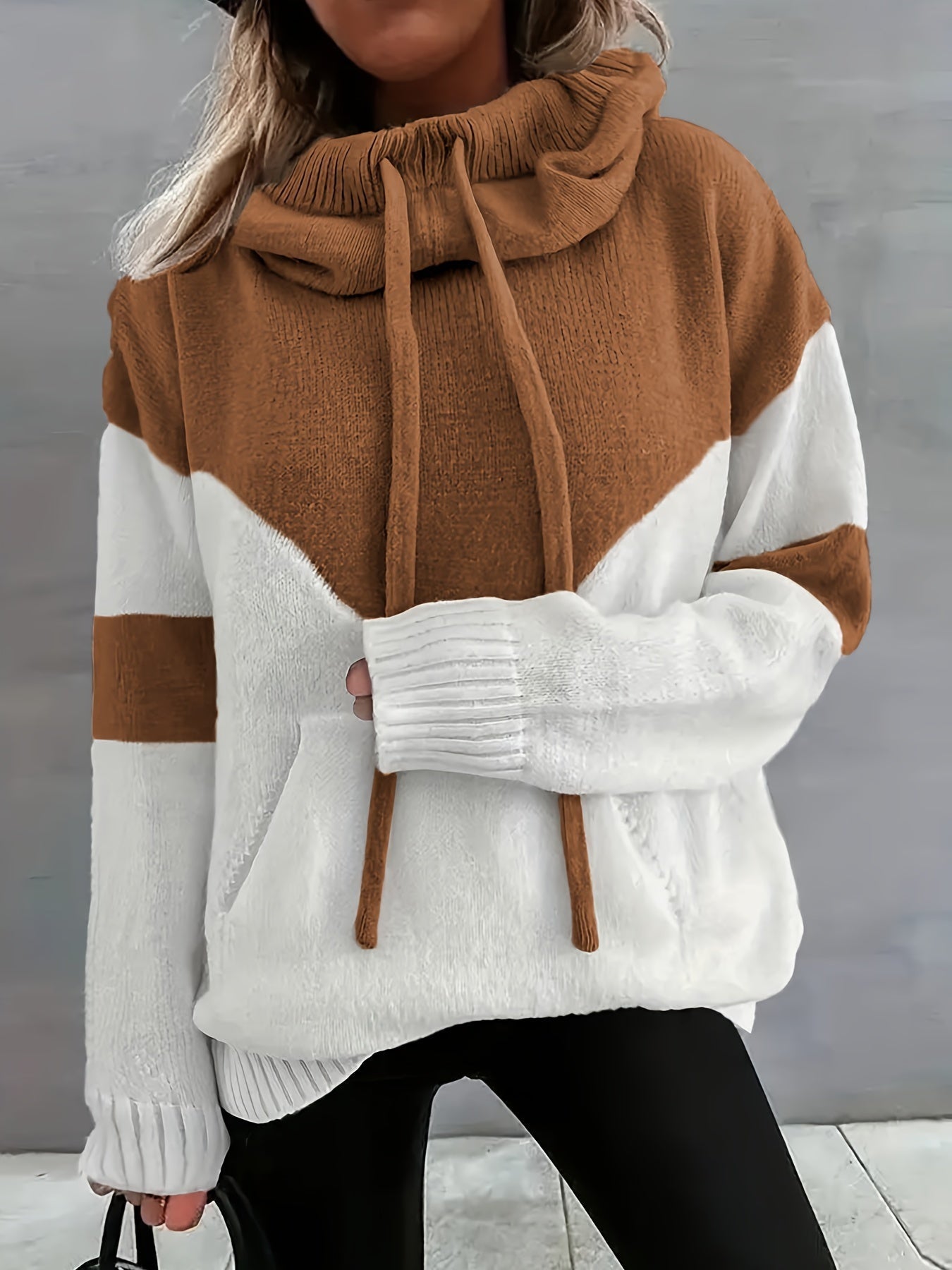 Women's Colorblock Drawstring Hoodie Sweater in Brown - view 3