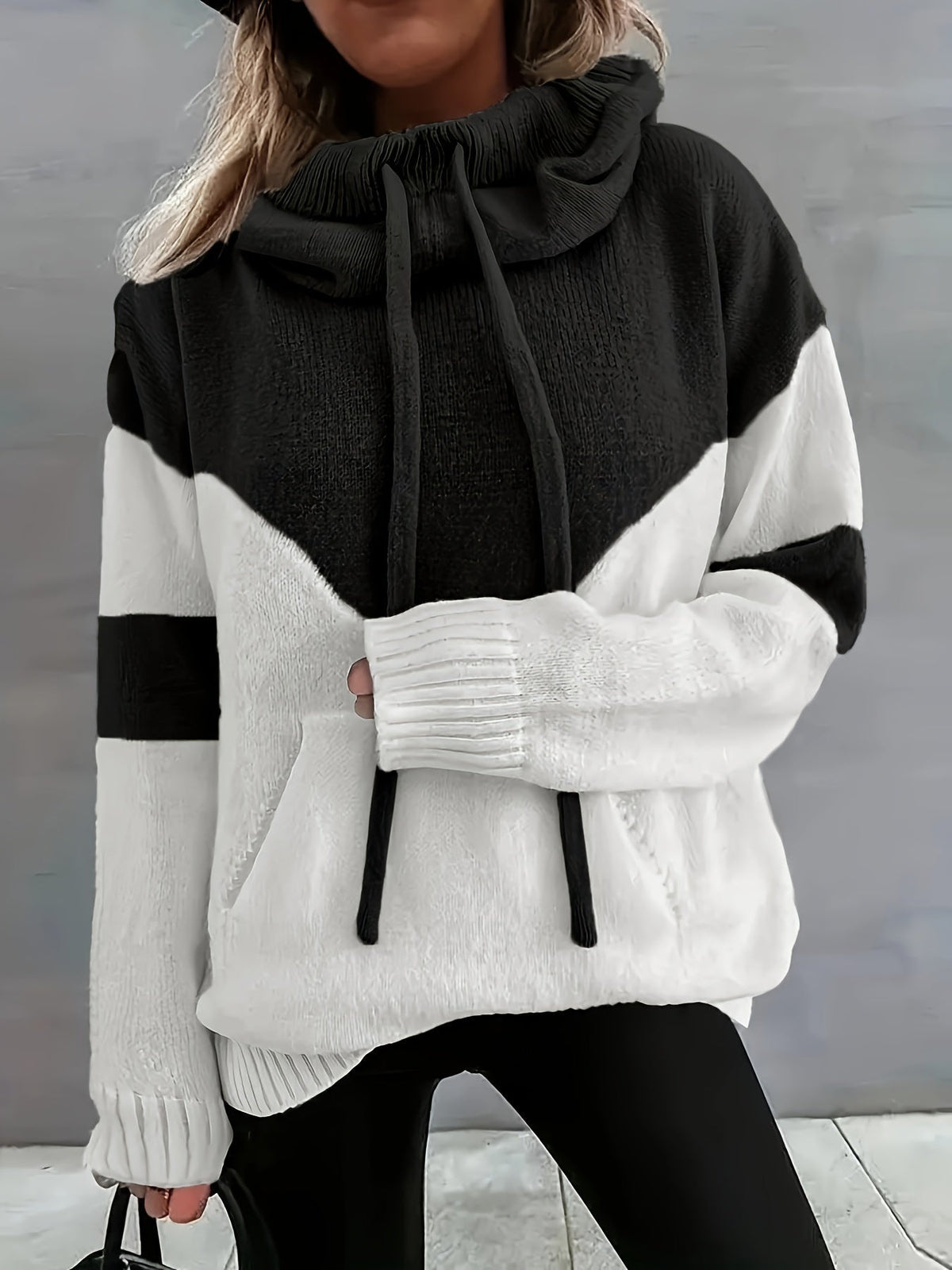 Women's Colorblock Drawstring Hoodie Sweater in Black - view 4