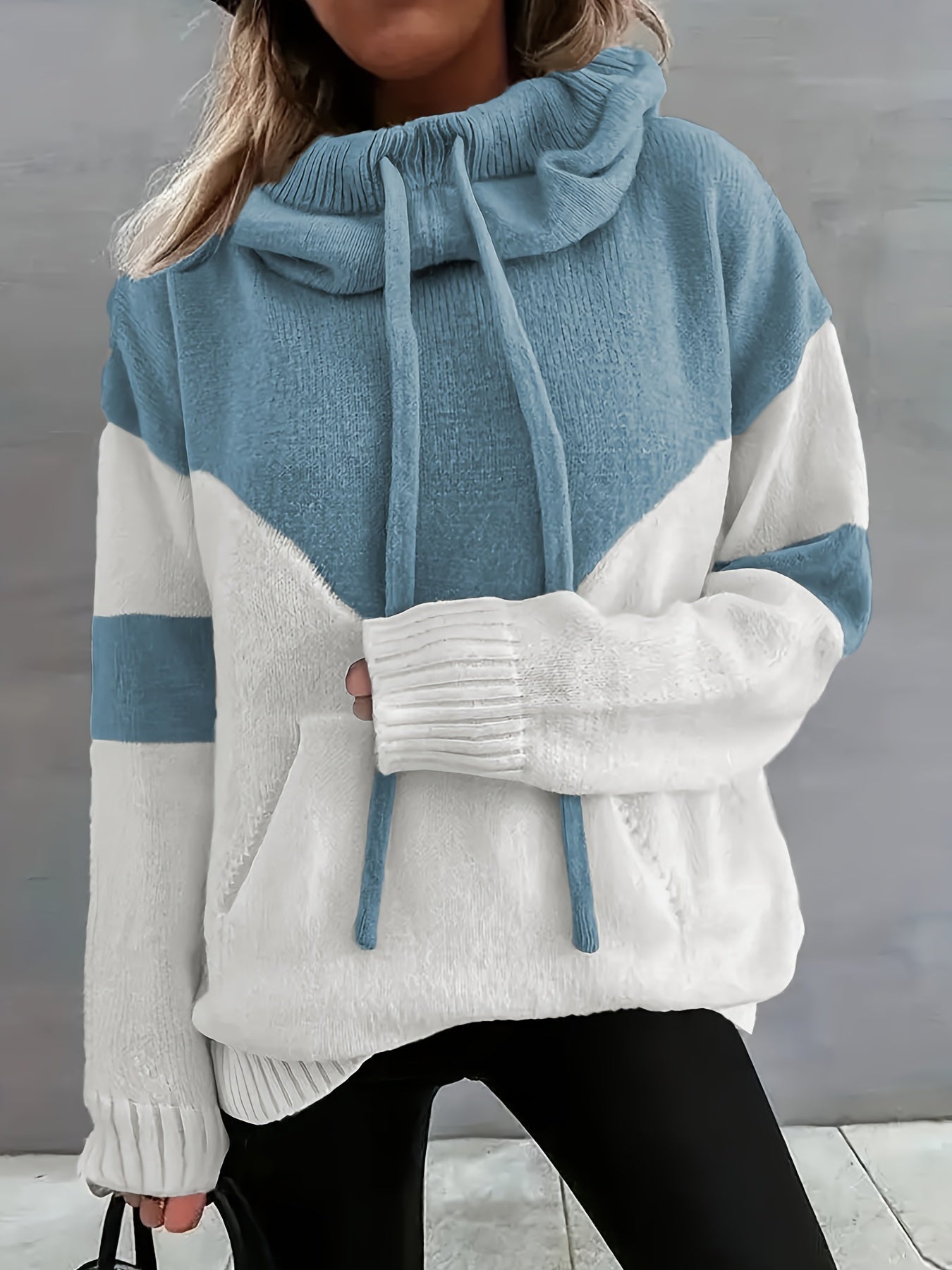 Women's Colorblock Drawstring Hoodie Sweater in Blue - view 5