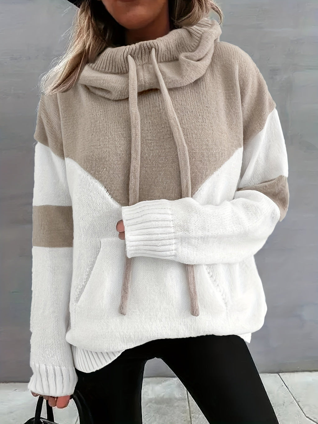 Women's Colorblock Drawstring Hoodie Sweater in Khaki - view 6