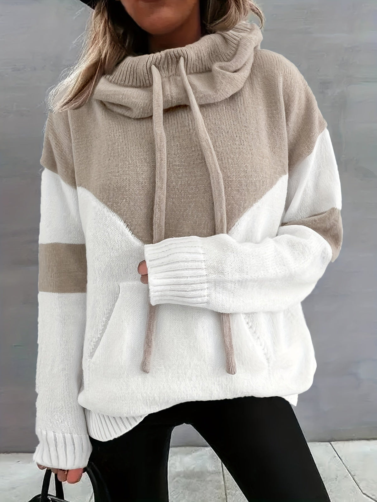 Women's Colorblock Drawstring Hoodie Sweater in Khaki - view 6