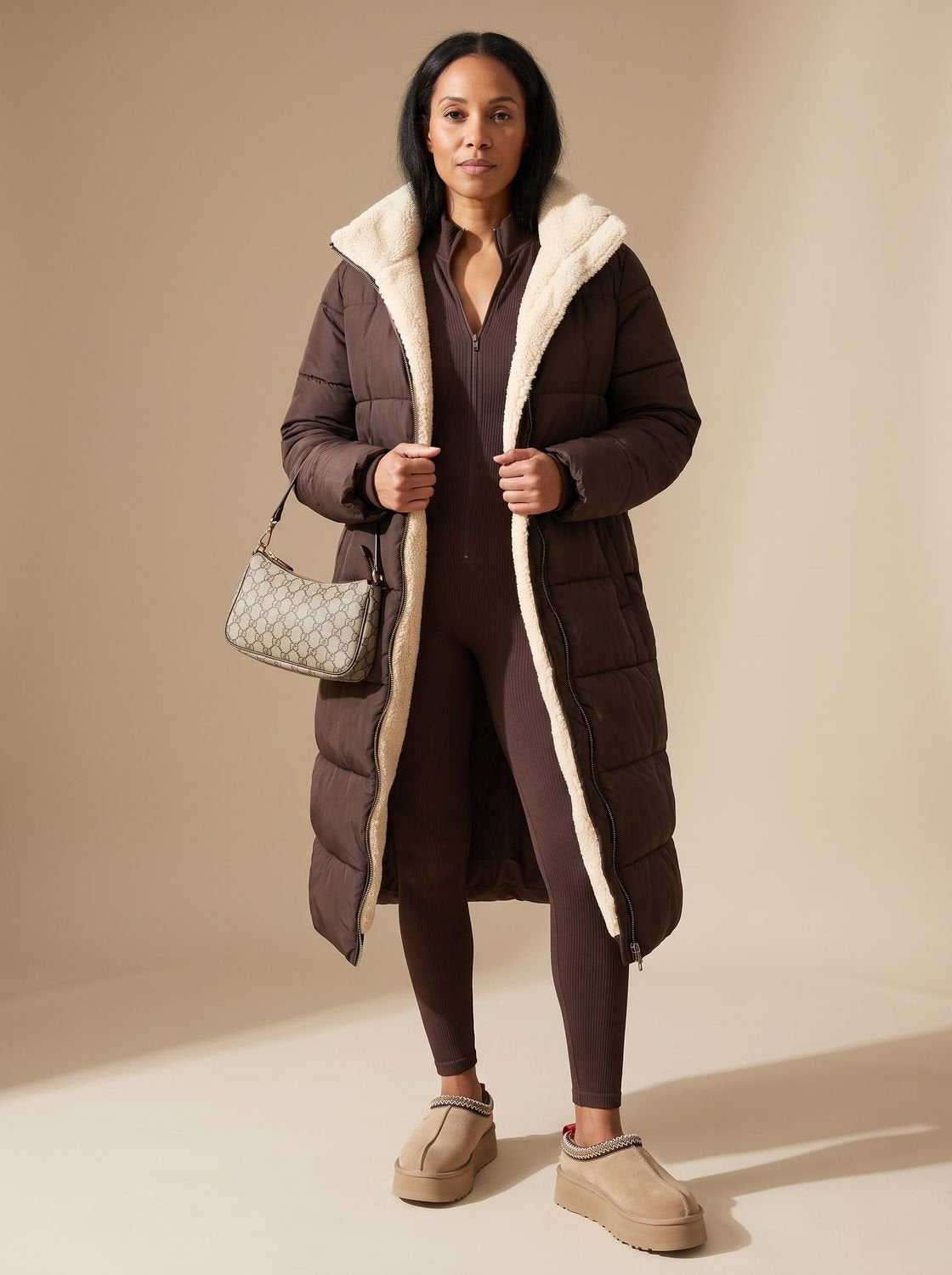 Women's Longline Oversized Fleece-Lined Quilted Puffer Coat in Brown - view 2