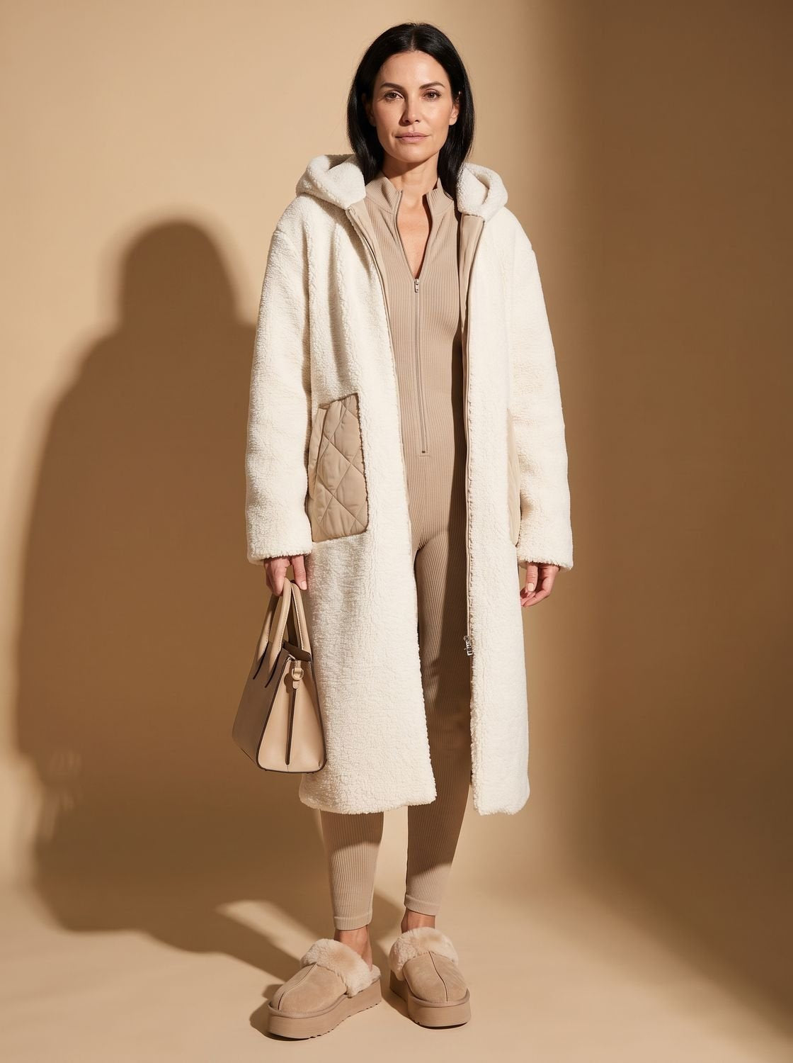 Women's Longline Oversized Fleece-Lined Quilted Puffer Coat in White - view 4