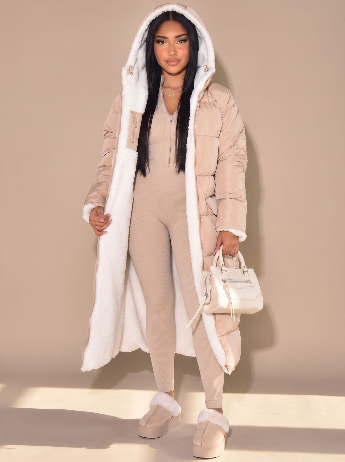 Women's Longline Oversized Fleece-Lined Quilted Puffer Coat in Beige - view 5