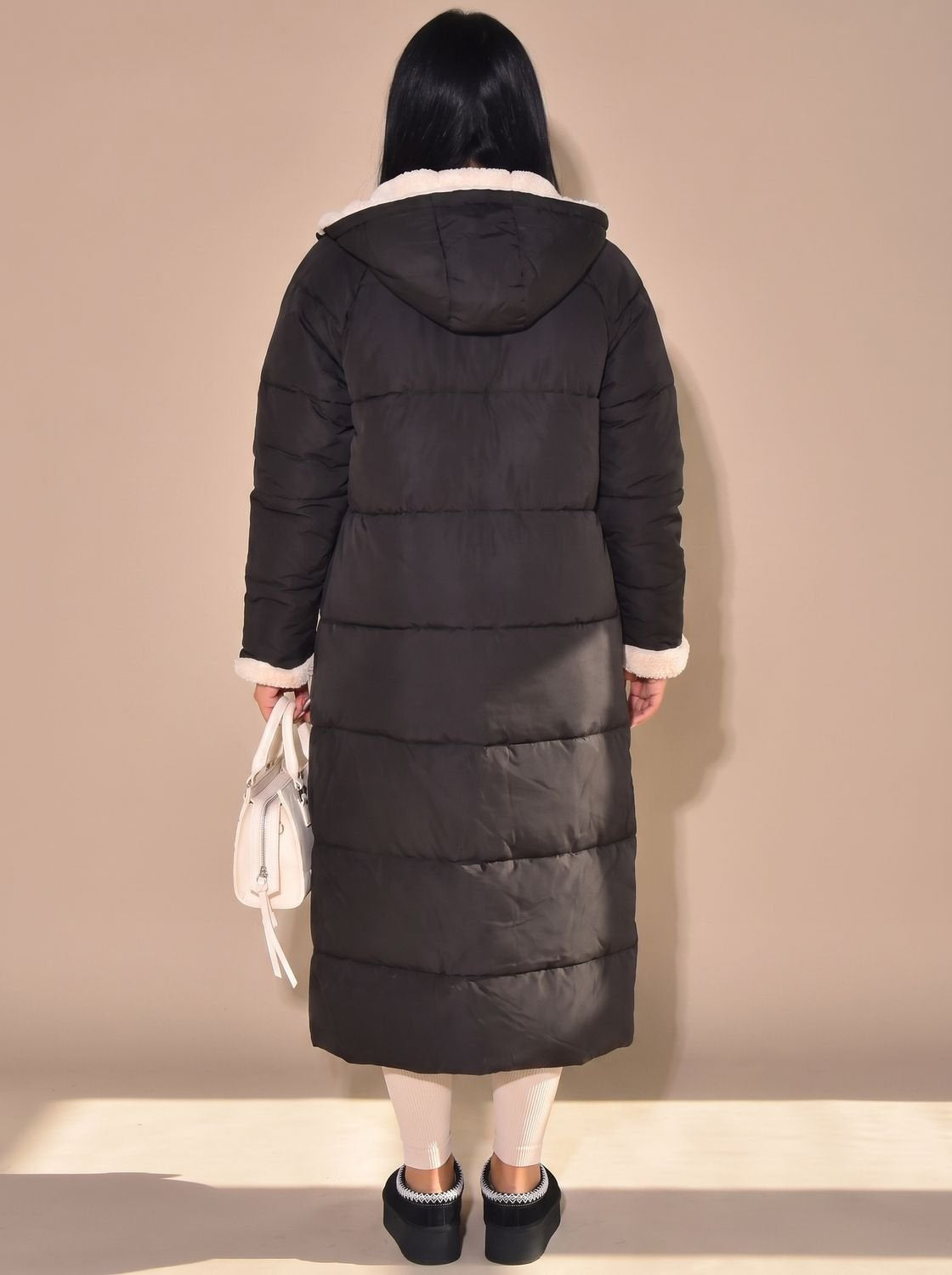 Women's Longline Oversized Fleece-Lined Quilted Puffer Coat in Black - view 6