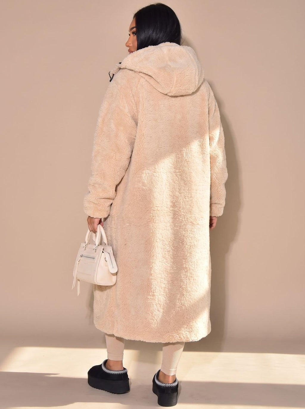 Women's Longline Oversized Fleece-Lined Quilted Puffer Coat in Beige - view 7