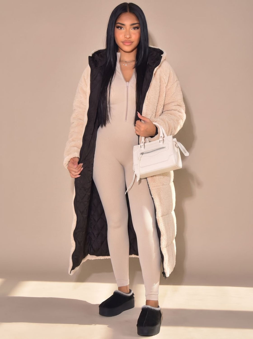 Women's Longline Oversized Fleece-Lined Quilted Puffer Coat in Black - view 8