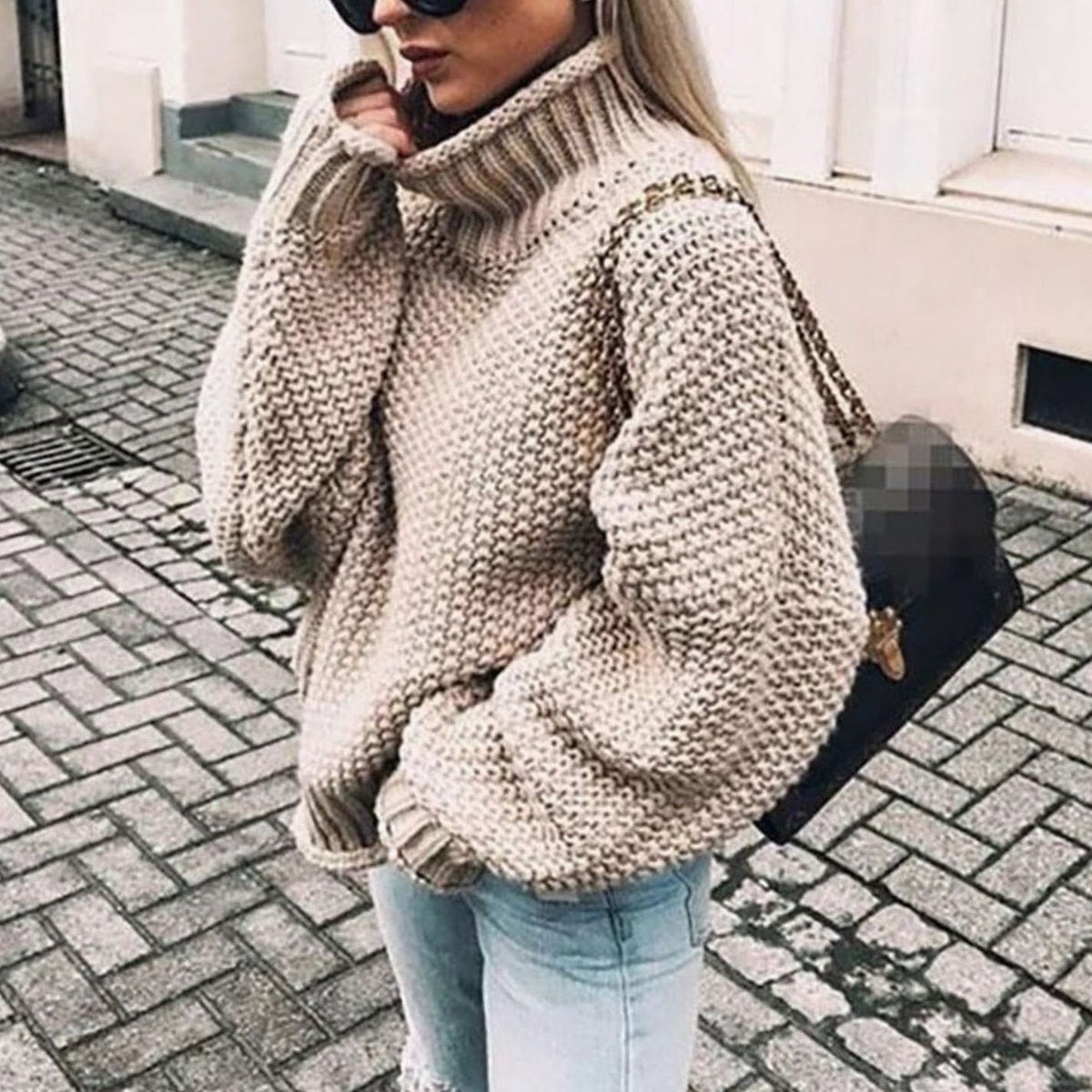 Women's Chunky-Knit Oversized Turtleneck Sweater in Khaki - view 1