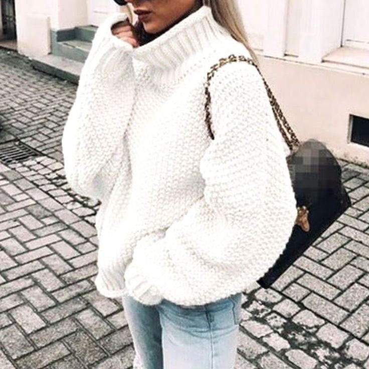 Women's Chunky-Knit Oversized Turtleneck Sweater in White - view 2