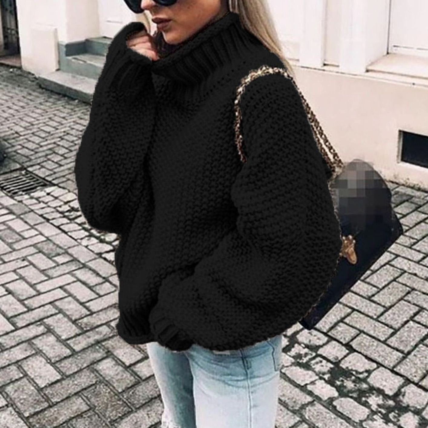 Women's Chunky-Knit Oversized Turtleneck Sweater in Black - view 3