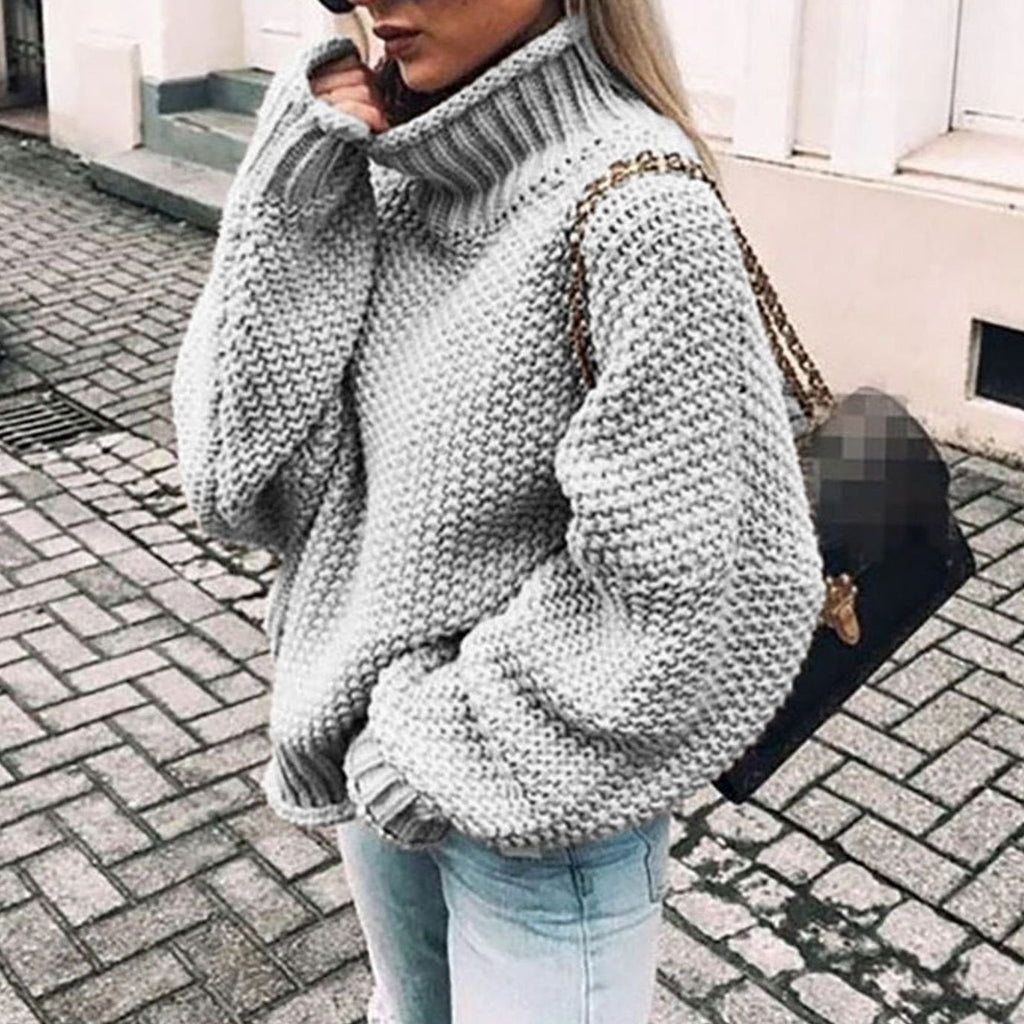 Women's Chunky-Knit Oversized Turtleneck Sweater in Grey - view 4