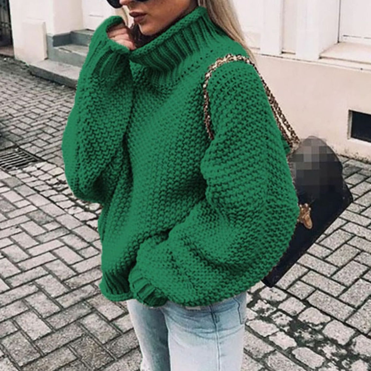 Women's Chunky-Knit Oversized Turtleneck Sweater in Green - view 5