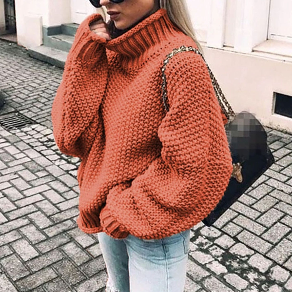 Women's Chunky-Knit Oversized Turtleneck Sweater in Orange - view 6