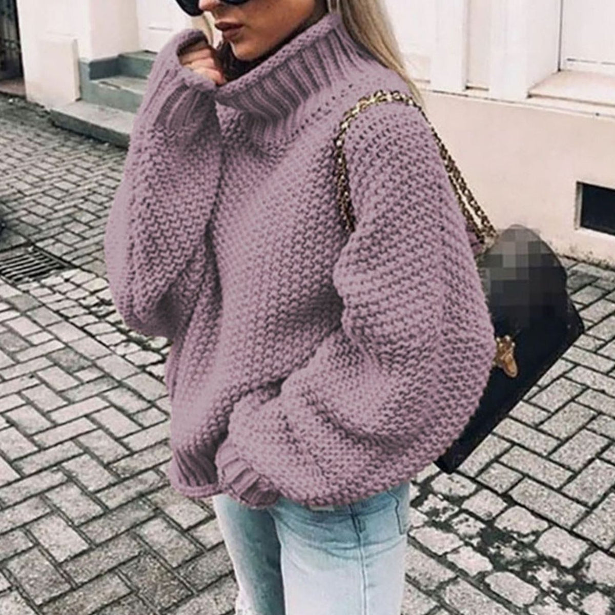 Women's Chunky-Knit Oversized Turtleneck Sweater in Purple - view 7