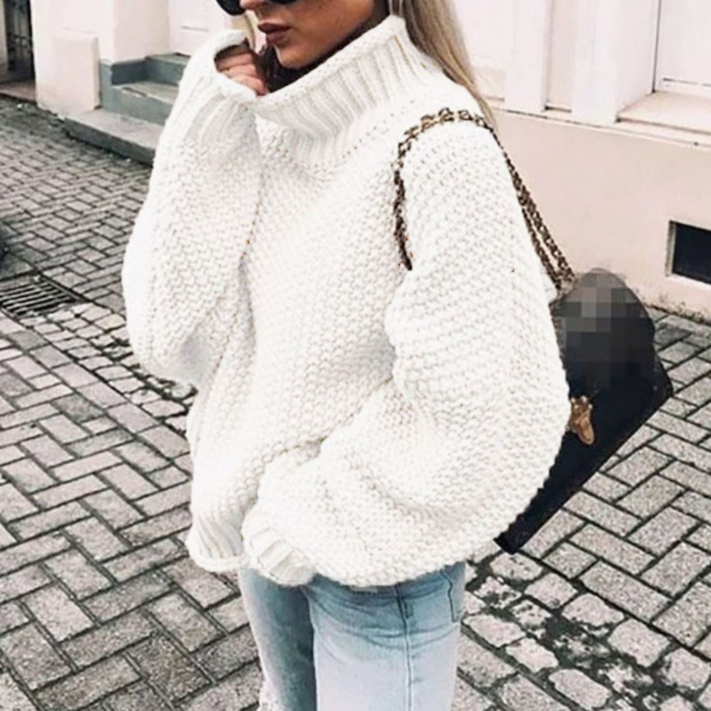 Women's Chunky-Knit Oversized Turtleneck Sweater in White - view 8