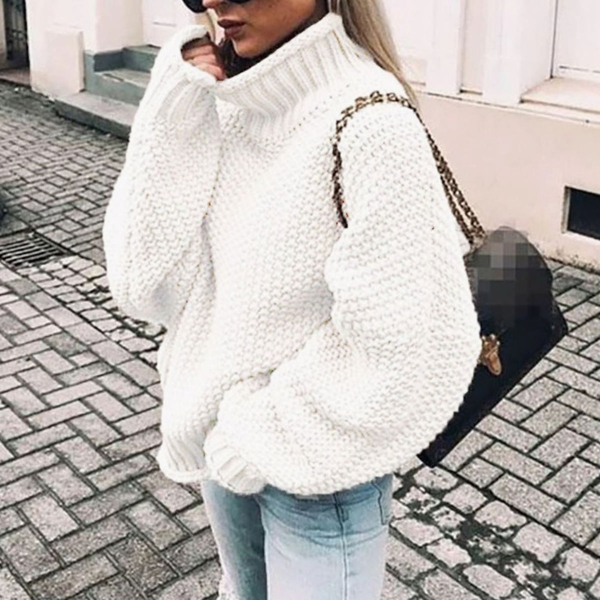 Women's Chunky-Knit Oversized Turtleneck Sweater in White - view 8