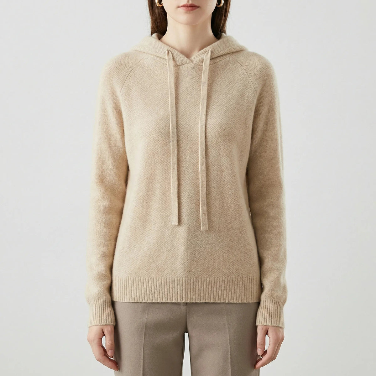 Women's Textured-Knit Pullover Hoodie with Drawcords in Khaki - view 6