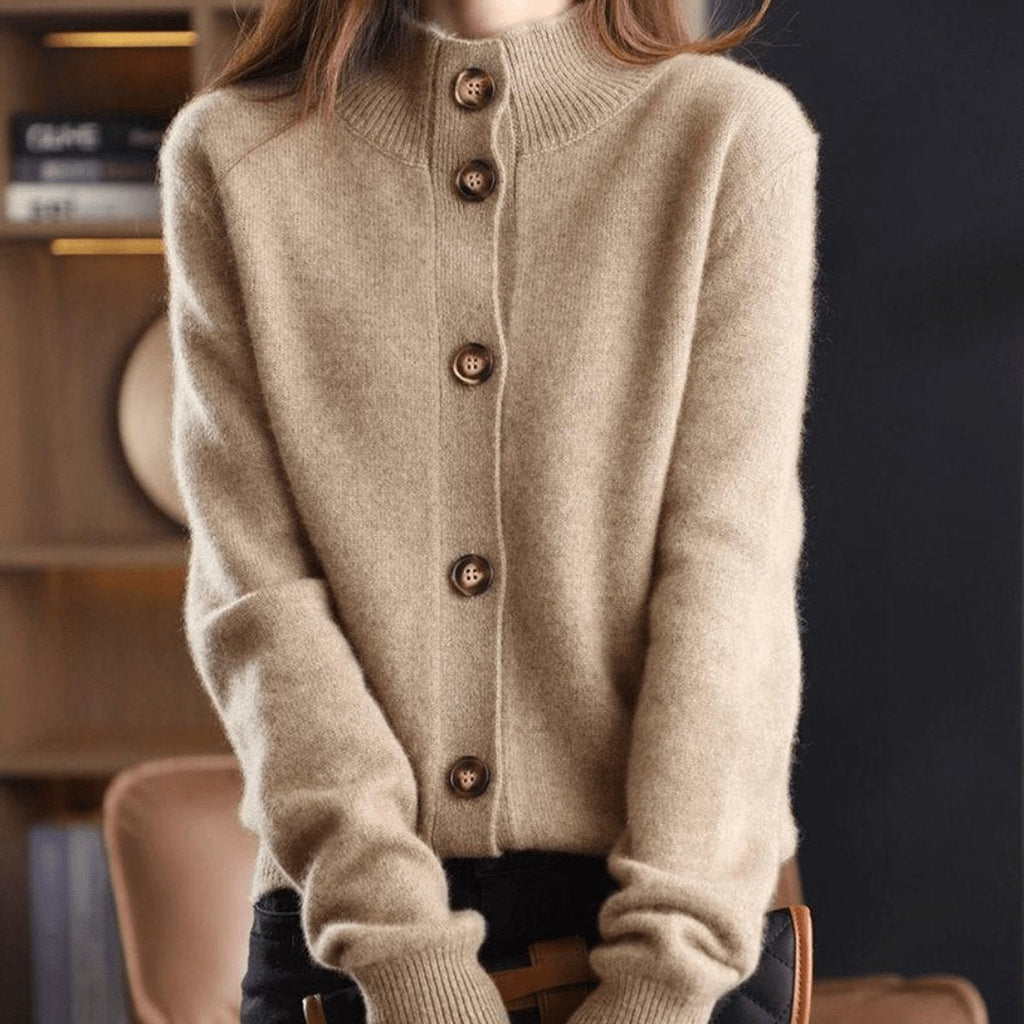 Women's Oversized Mock-Neck Button-Front Cardigan in Beige - view 1