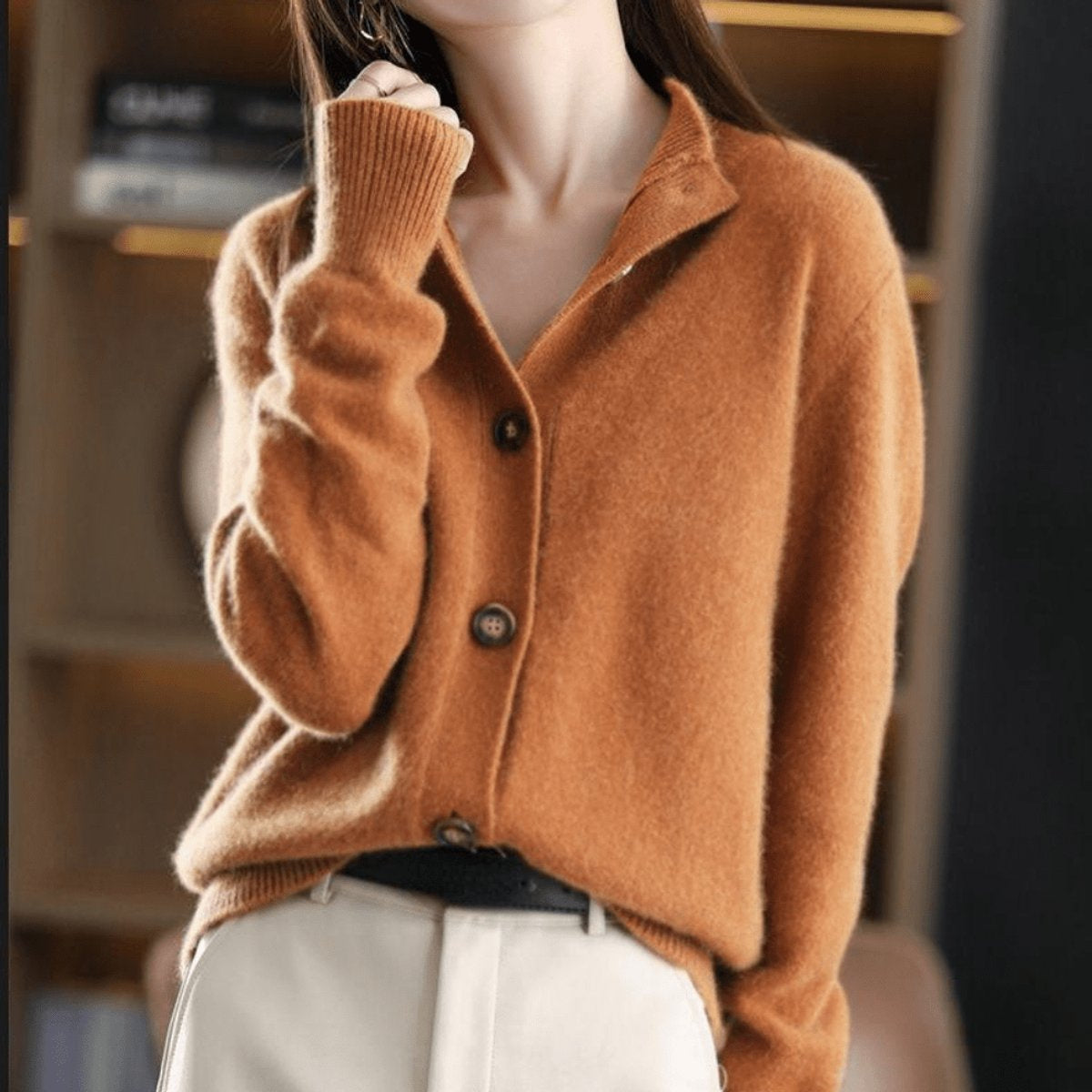 Women's Oversized Mock-Neck Button-Front Cardigan in Orange - view 2