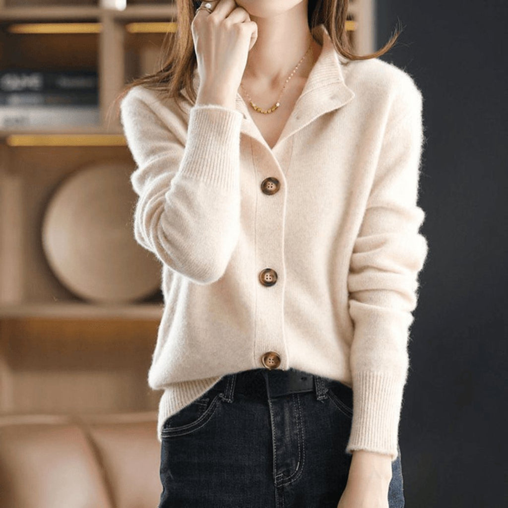Women's Oversized Mock-Neck Button-Front Cardigan in Beige - view 3