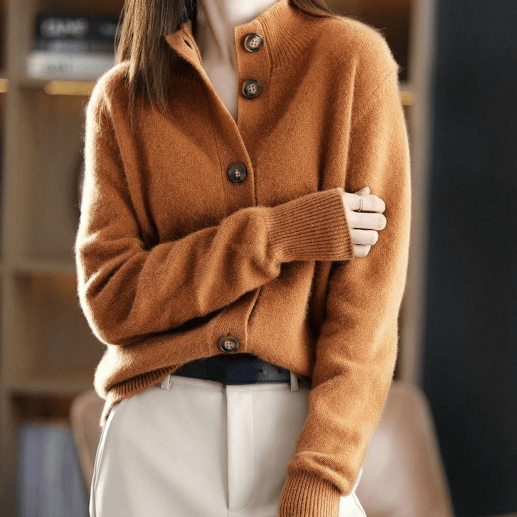 Women's Oversized Mock-Neck Button-Front Cardigan in Orange - view 4