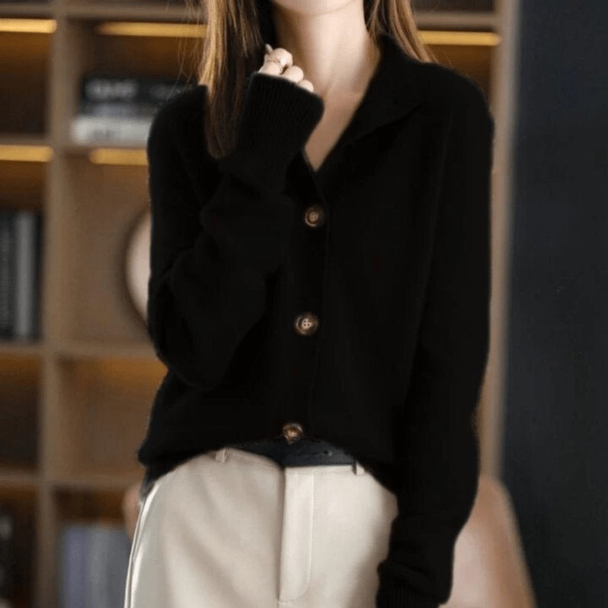 Women's Oversized Mock-Neck Button-Front Cardigan in Black - view 6