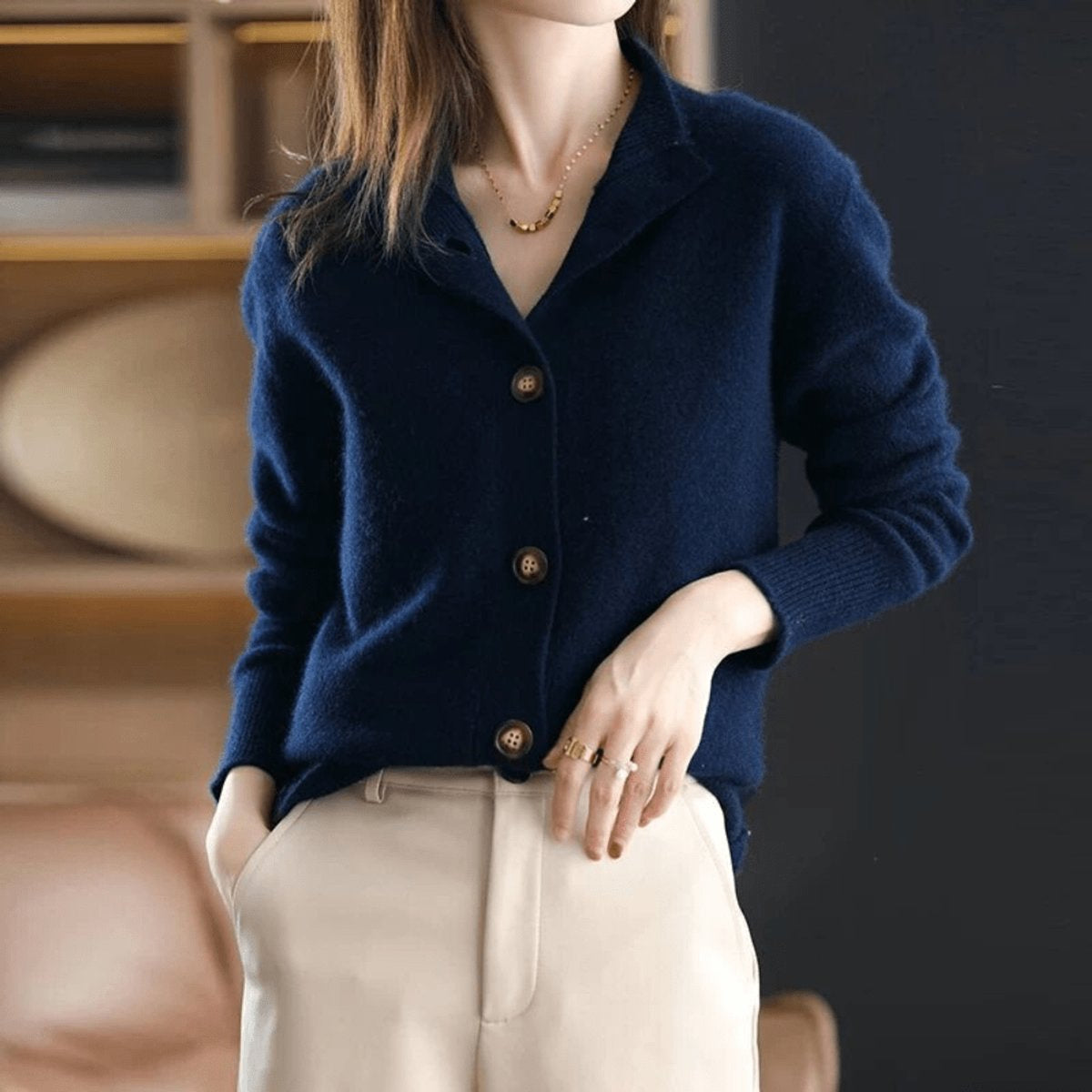 Women's Oversized Mock-Neck Button-Front Cardigan in Dark Blue - view 7