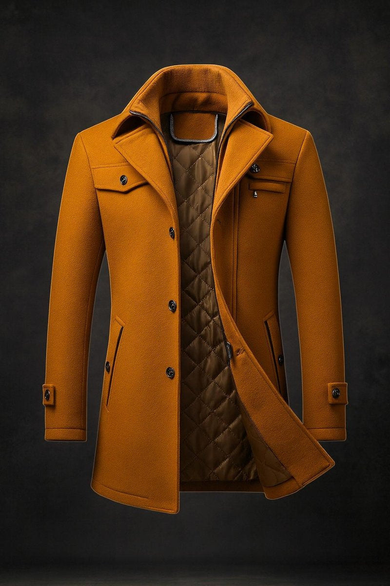 Men's Quilted Padded Overcoat with Corduroy Collar in Brown - view 1