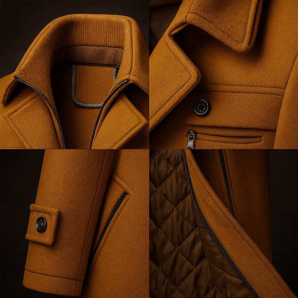 Men's Quilted Padded Overcoat with Corduroy Collar in Brown - view 2