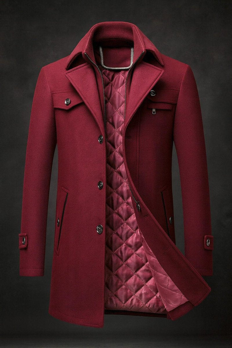 Men's Quilted Padded Overcoat with Corduroy Collar in Burgundy - view 3