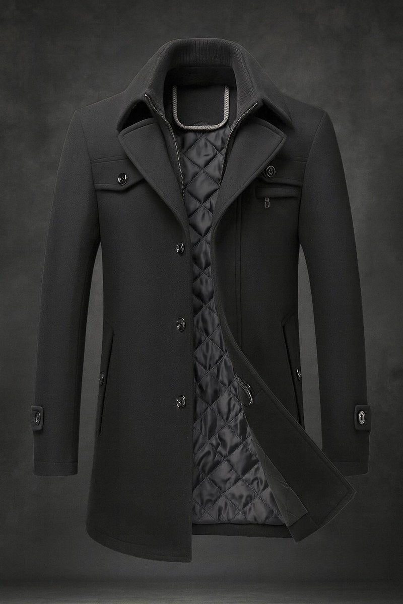 Men's Quilted Padded Overcoat with Corduroy Collar in Black - view 5