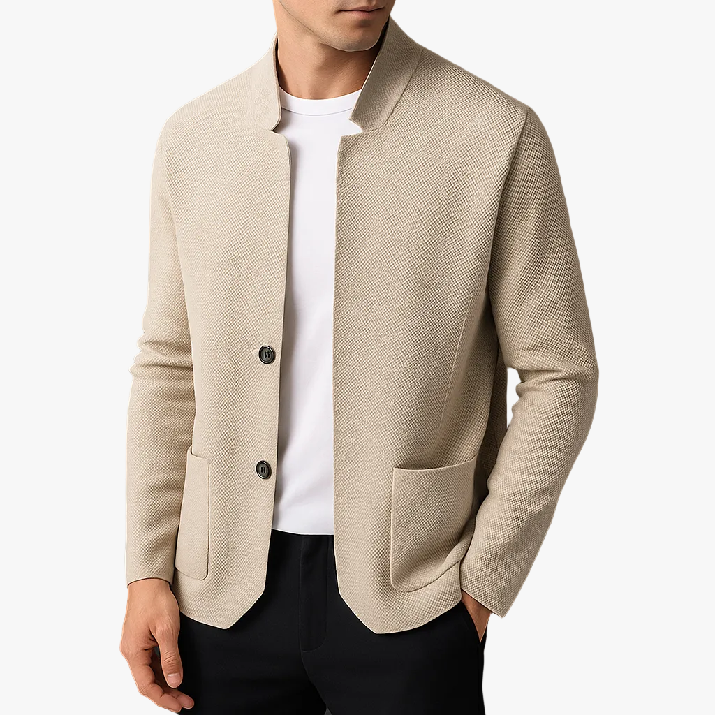 Men's Stand-Collar Knit Cardigan with Patch Pockets in Khaki - view 1