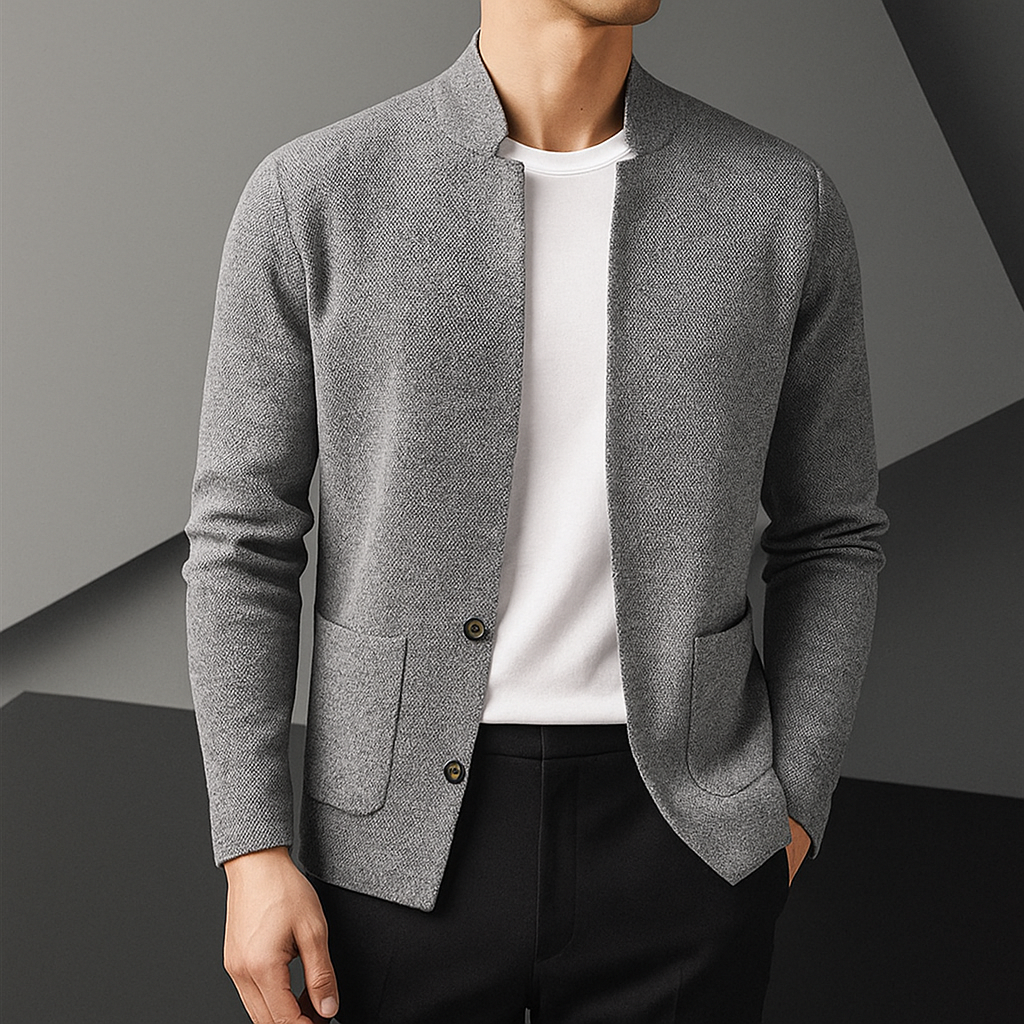 Men's Stand-Collar Knit Cardigan with Patch Pockets in Gray - view 2