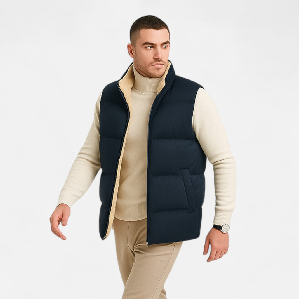 Men's Fleece-Lined Quilted Puffer Vest with Pockets in Blue - view 2