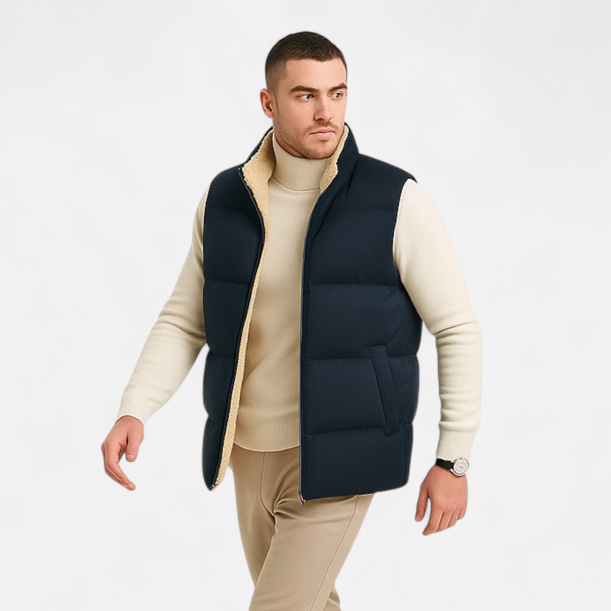 Men's Fleece-Lined Quilted Puffer Vest with Pockets in Blue - view 2