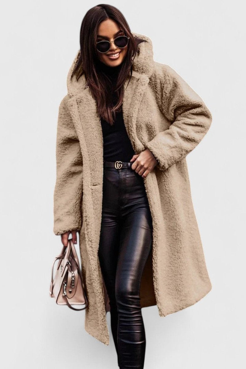 Women's Longline Oversized Fleece-Lined Teddy Coat in Beige - view 1