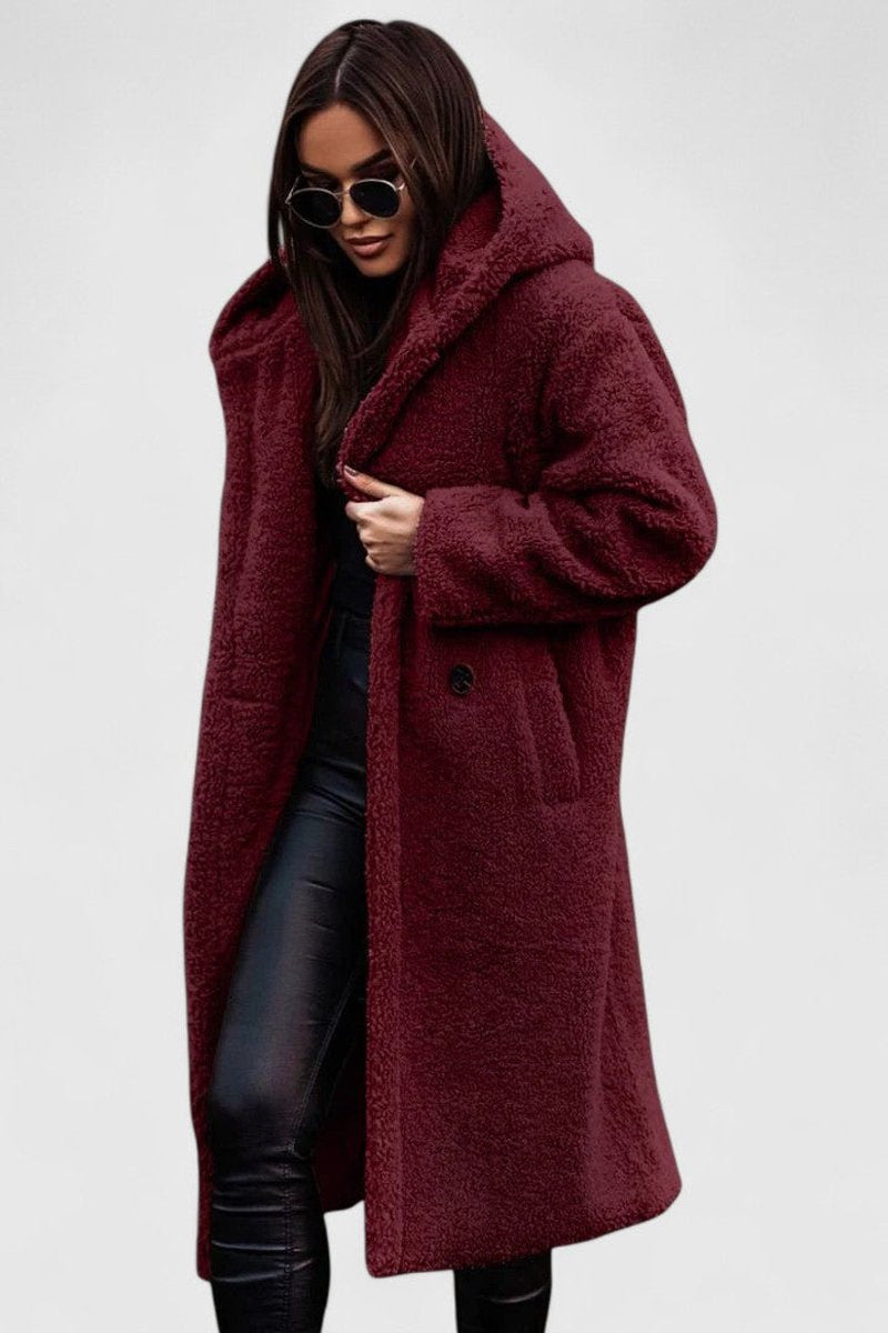 Women's Longline Oversized Fleece-Lined Teddy Coat in Red - view 4