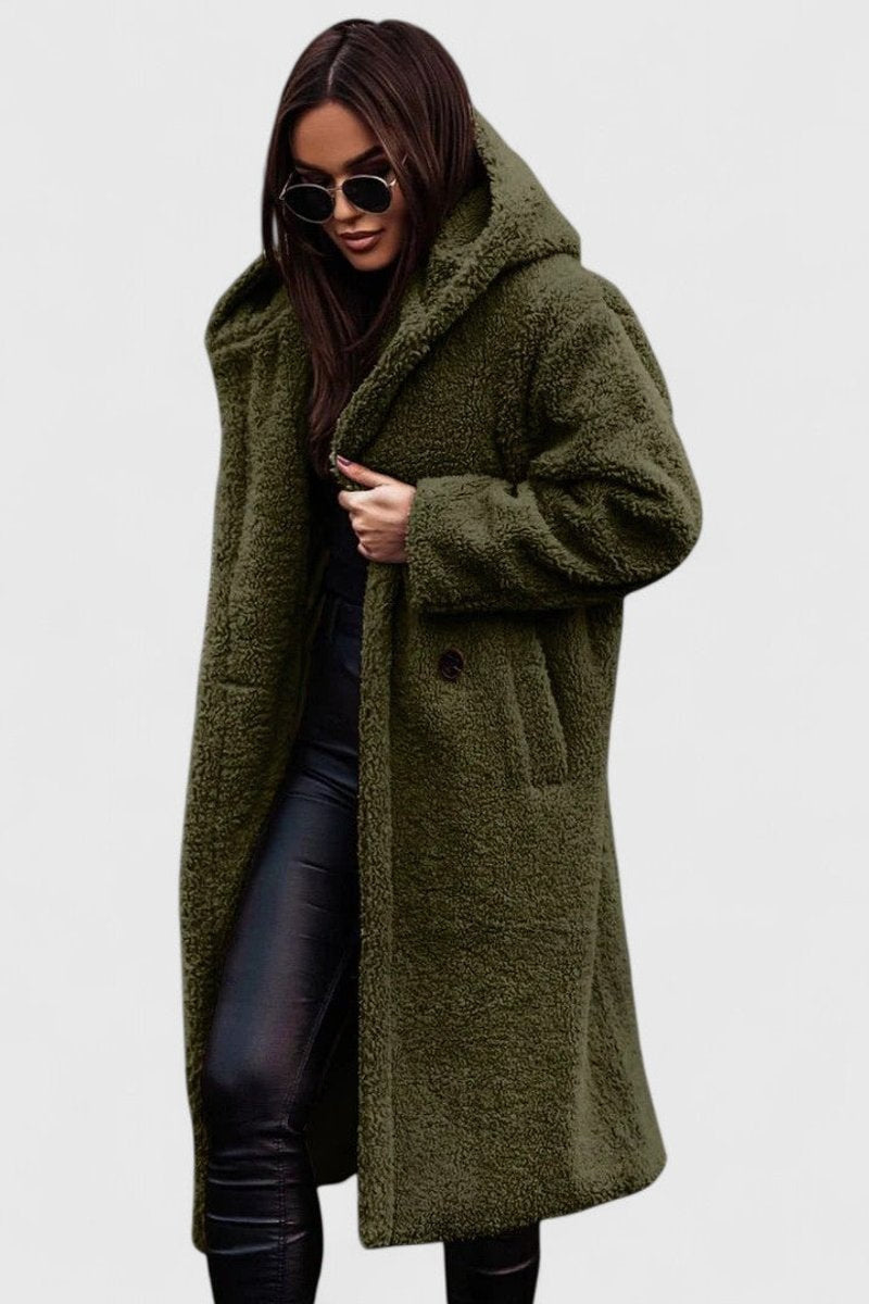 Women's Longline Oversized Fleece-Lined Teddy Coat in Green - view 5