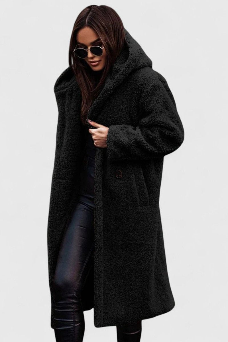 Women's Longline Oversized Fleece-Lined Teddy Coat in Black - view 6