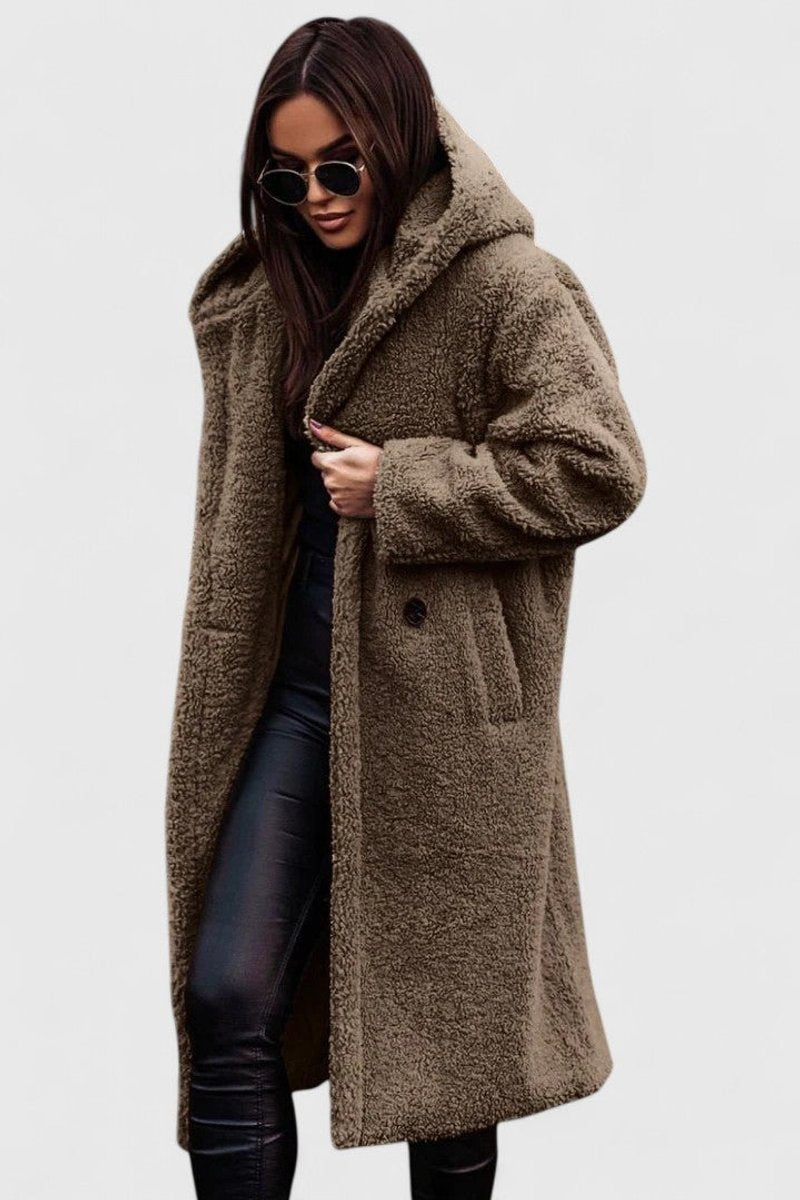 Women's Longline Oversized Fleece-Lined Teddy Coat in Khaki - view 7