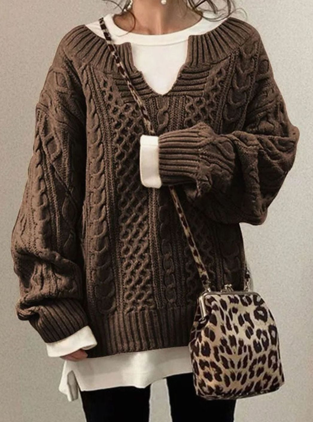 Women's Cable-Knit Oversized Sweater in Brown - view 3